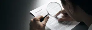 Pessoa lendo um contrato de Consultoria em Gestão Energética com uma lupa